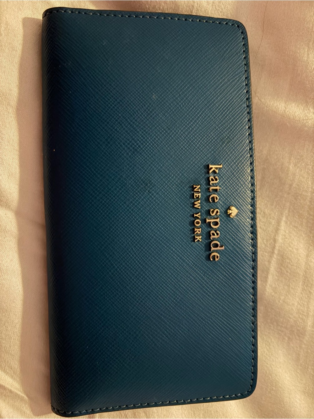 kate spade teal saffiano leather continental wallet with gold logo